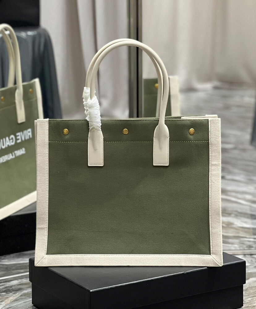 Saint Laurent Rive Gauche Small Tote Bag In Linen And Leather Green