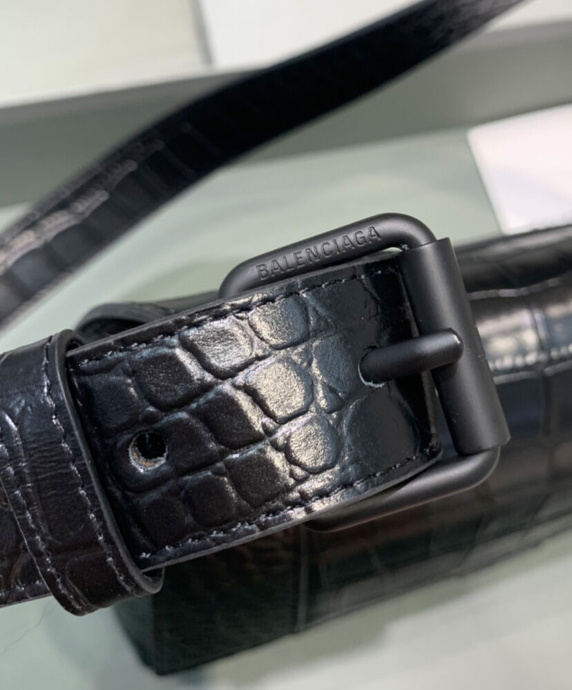 Balenciaga Downtown Small Shoulder Bag With Chain Crocodile Embossed Black
