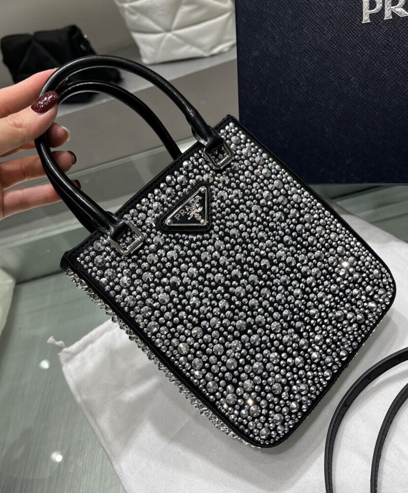 Prada Small crystal-studded satin tote bag 1BA331 Black