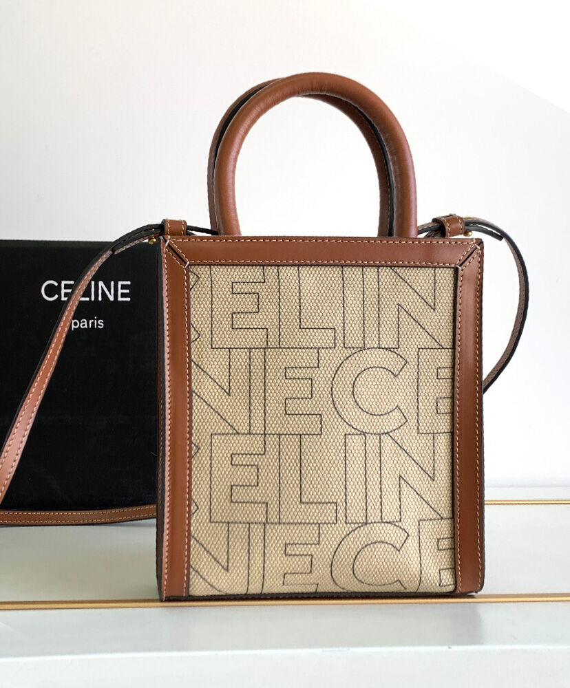 Celine Mini Vertical Cabas Celine In Denim With Celine All-Over Print Cream