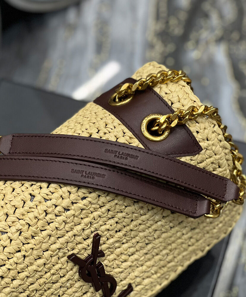 Saint Laurent Niki Medium Chain Bag In Raffia And Leather Apricot