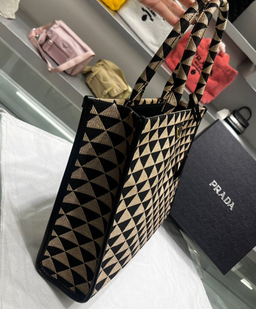 Prada Large Symbole Jacquard Fabric Handbag Black
