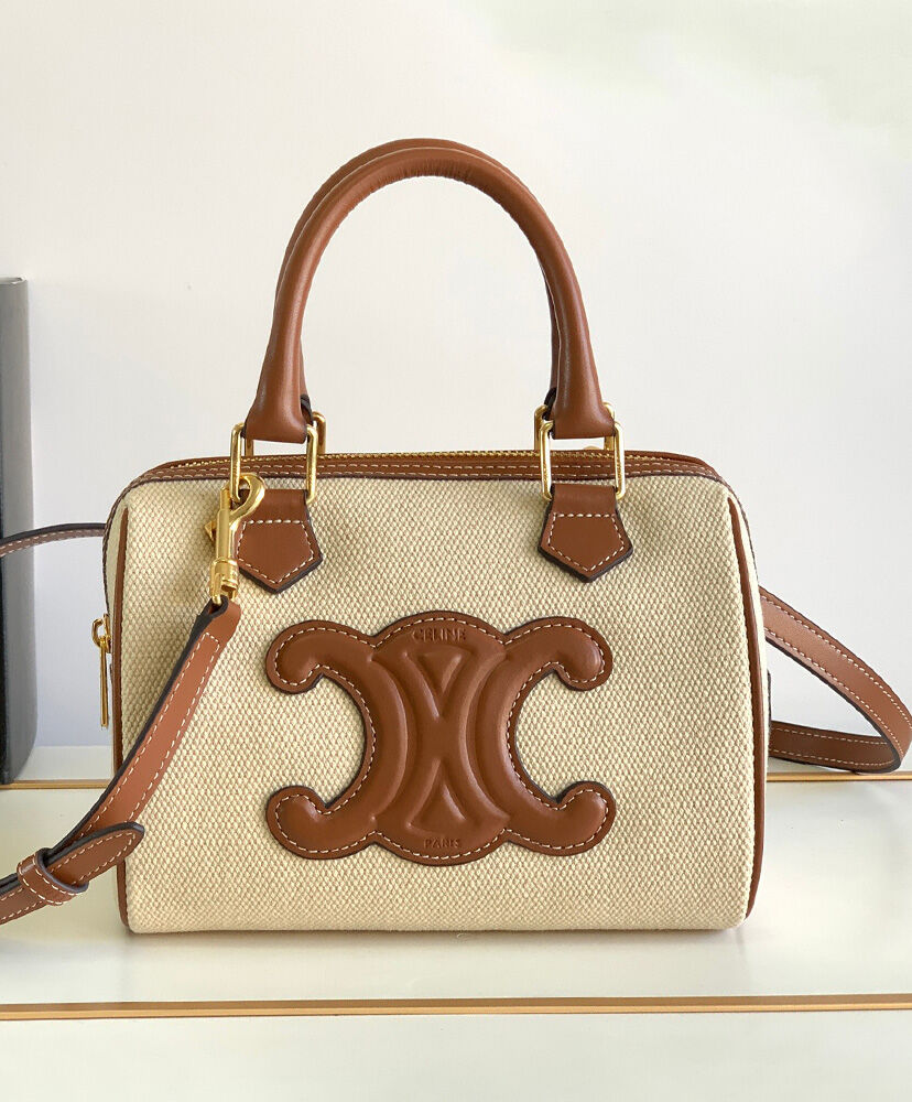 Celine Small Boston Cuir Triomphe In Textile And Calfskin Cream