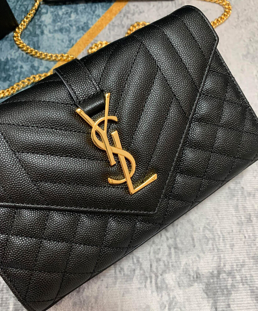 Saint Laurent Envelope Small Bag In Mix Quilted Grain De Poudre Embossed Leather Black
