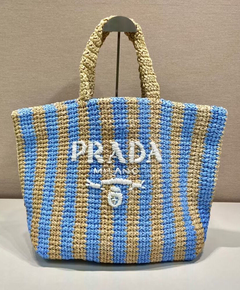 Prada Large Raffia Tote Bag Blue