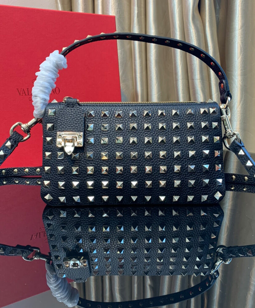 Valentino Small Rockstud Grainy Calfskin Crossbody Bag With All-Over Studs Black