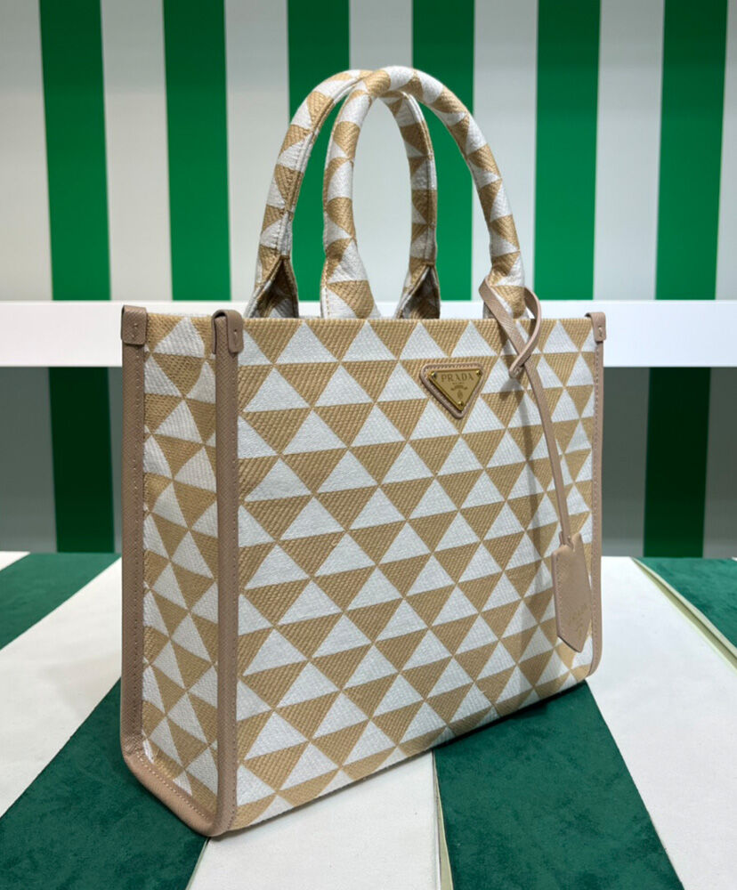 Prada Small Prada Symbole Embroidered Fabric Handbag 1BA354 Cream