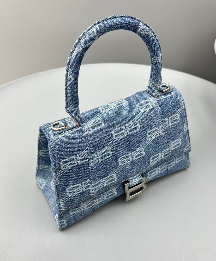 Balenciaga BB Monogram Hourglass Small Bleached Denim Tote Blue