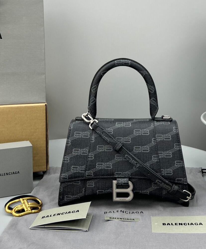 Balenciaga Hourglass Small Handbag BB Monogram Coated Canvas Black
