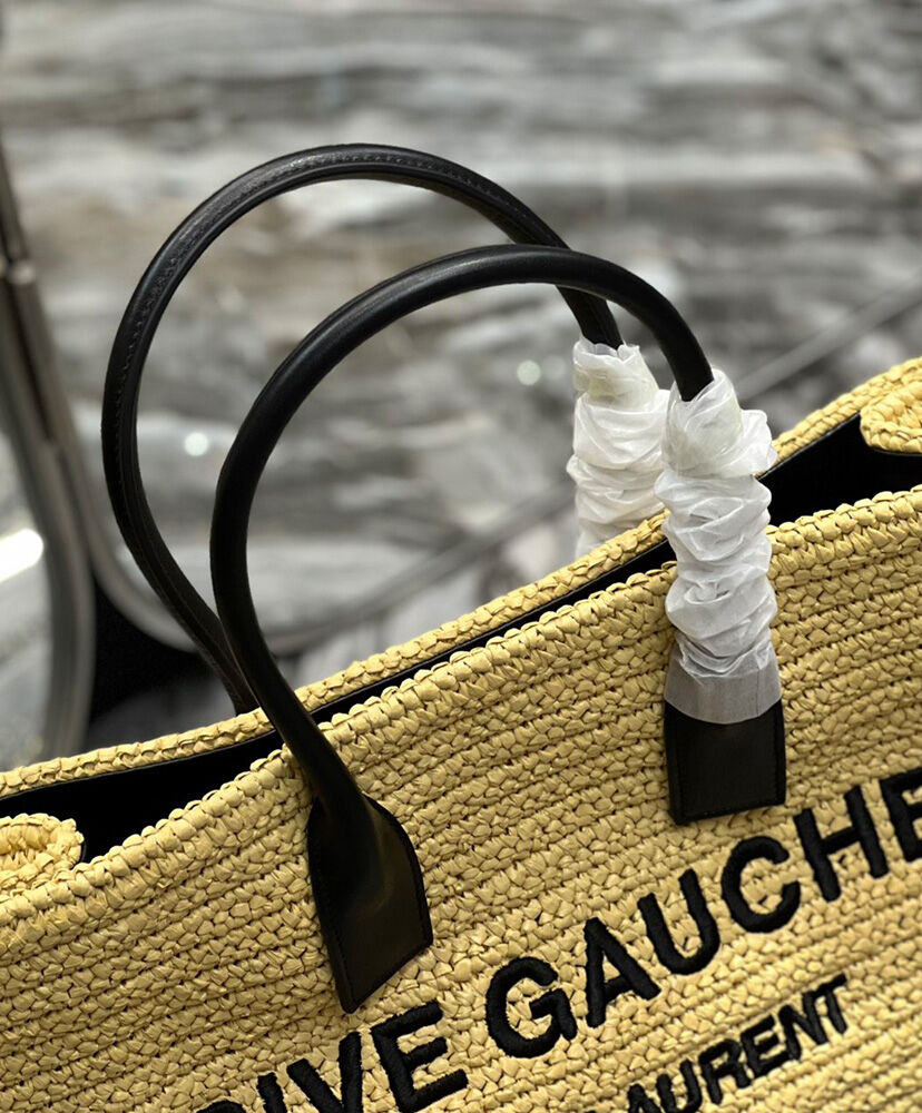 Saint Laurent Rive Gauche Tote Bag In Raffia And Leather Apricot