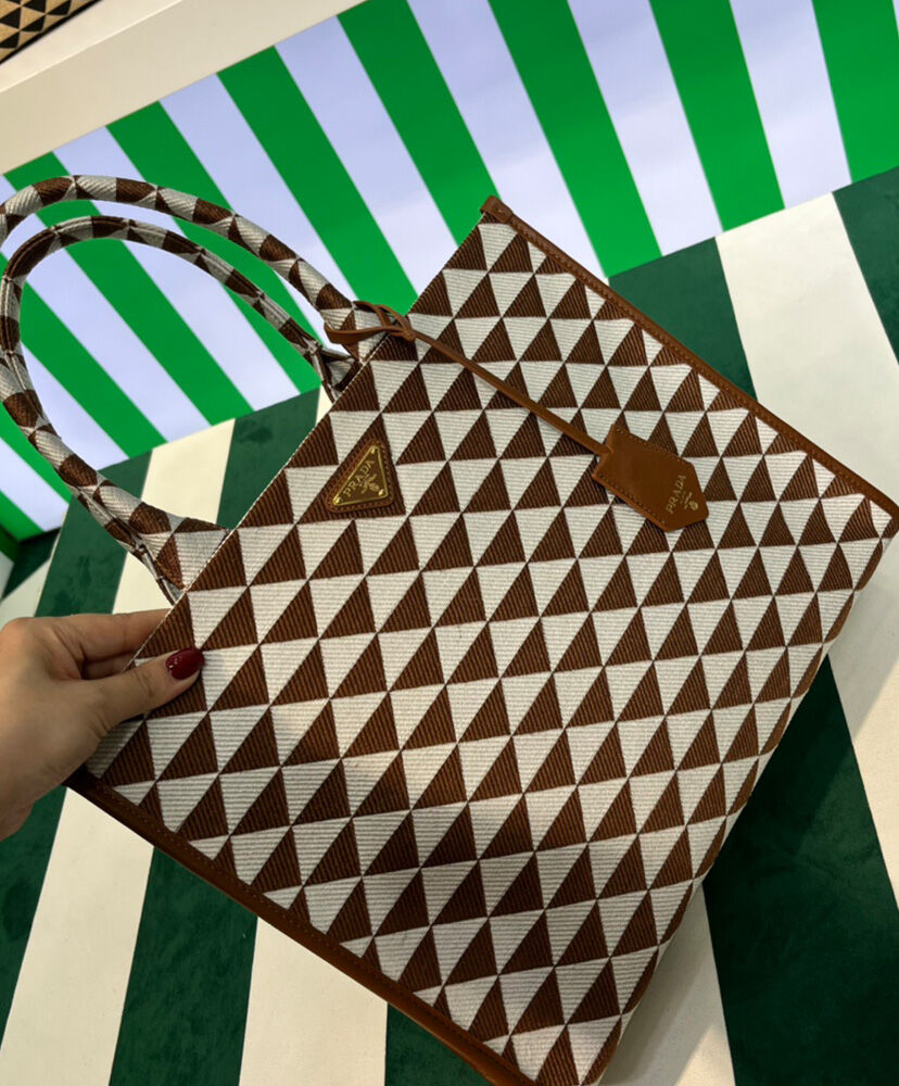 Prada Large Prada Symbole Jacquard Fabric Handbag Coffee