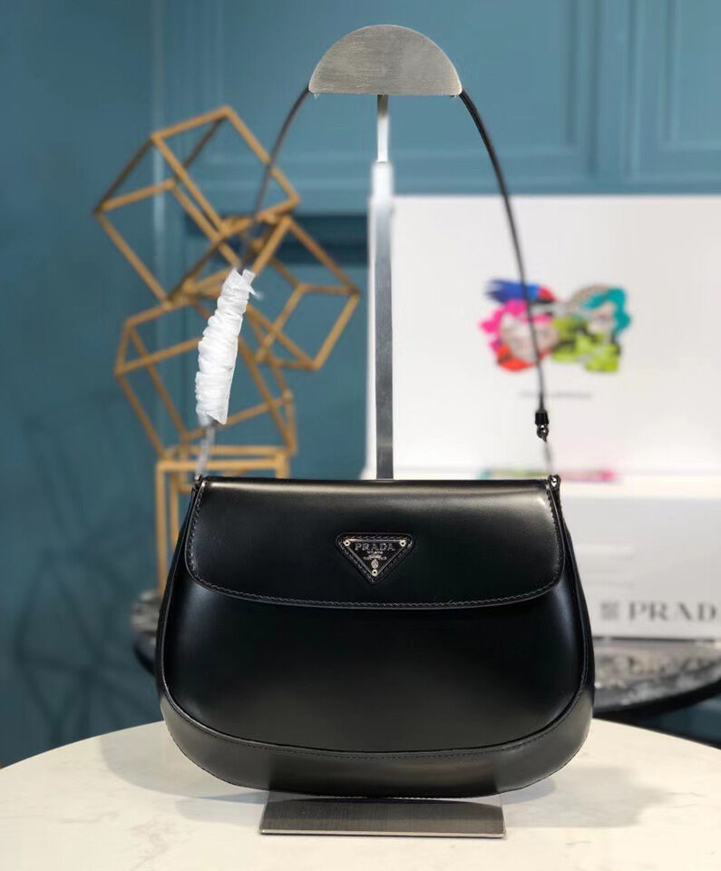 Prada Cleo brushed leather shoulder bag with flap 1BD311 Black