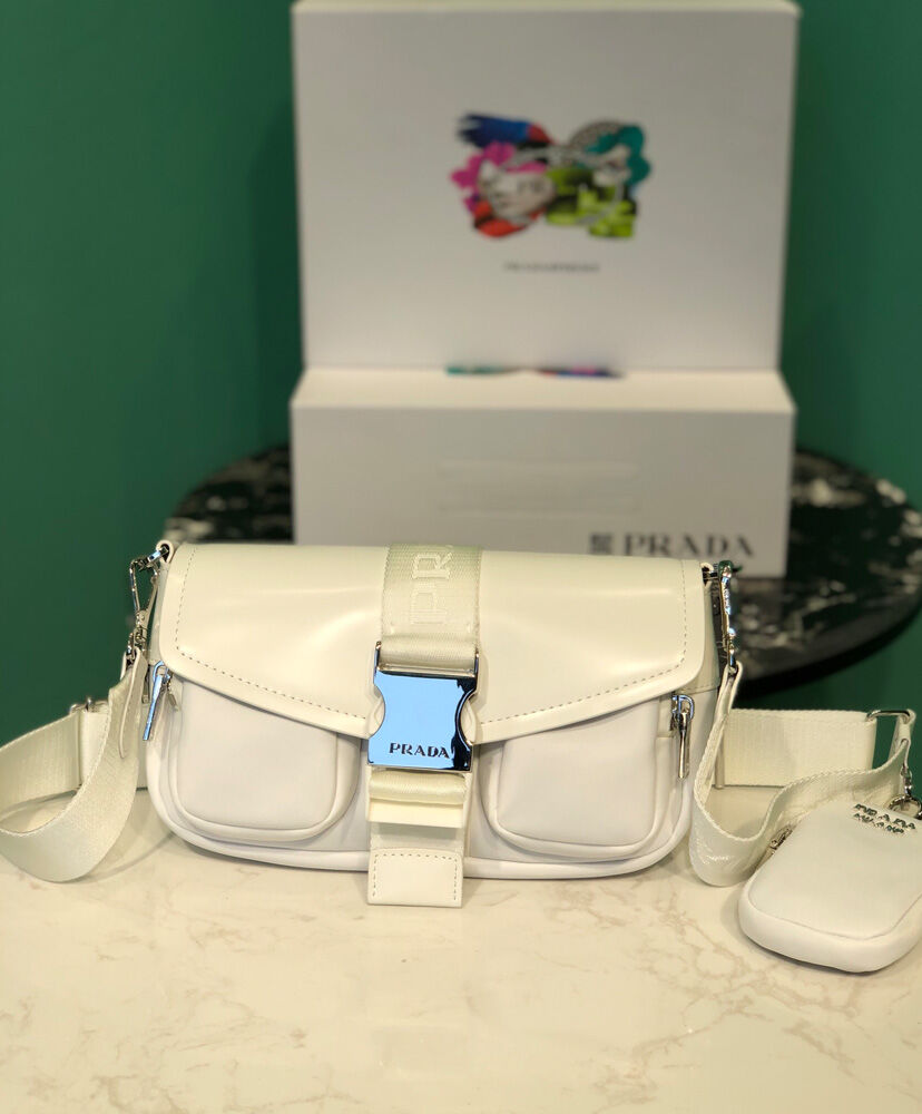 Prada Pocket Nylon And Brushed Leather Bag 1BA896 Cream