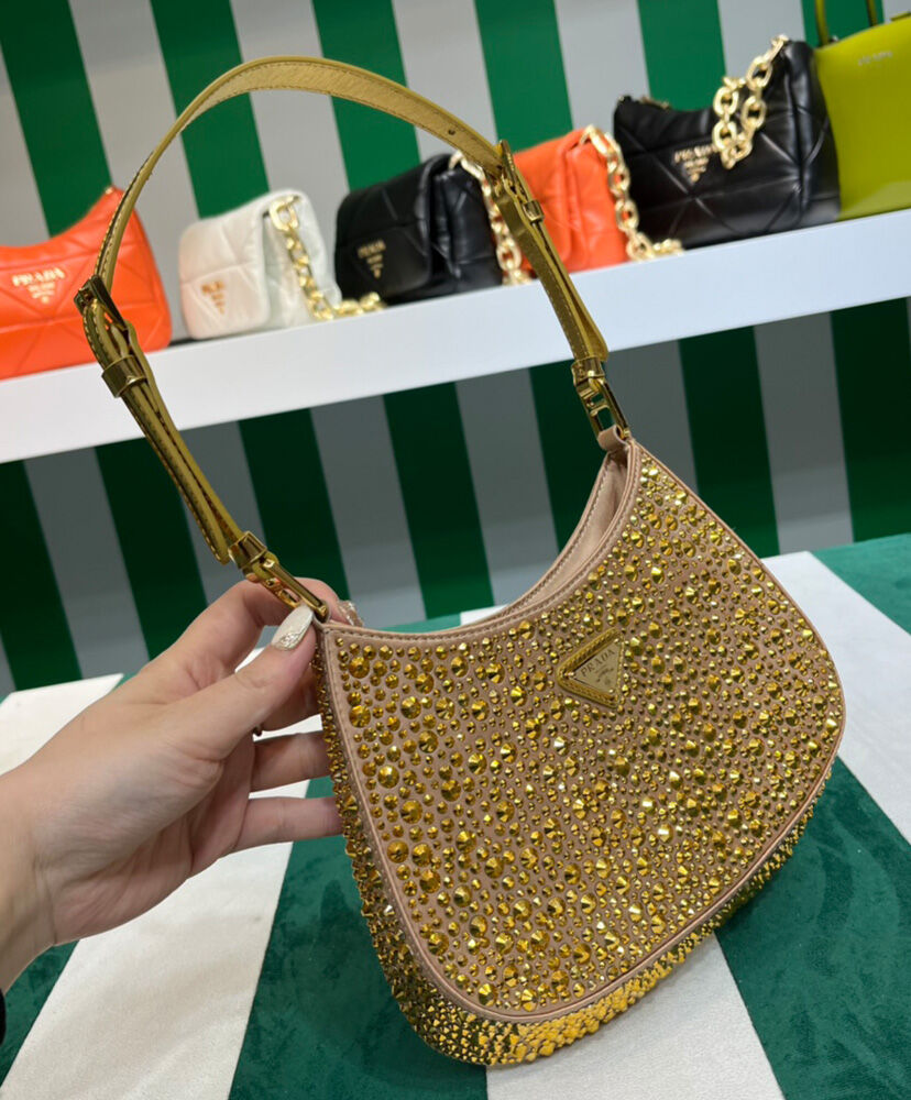 Prada Cleo Satin Bag With Crystals 1BC169 Golden