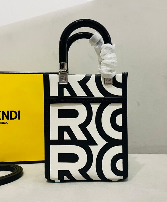 Fendi Mini Sunshine Shopper Two-tone printed leather Fendi Roma Capsule Mini-bag 8BS051 Black