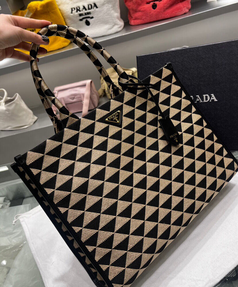 Prada Large Symbole Jacquard Fabric Handbag Black