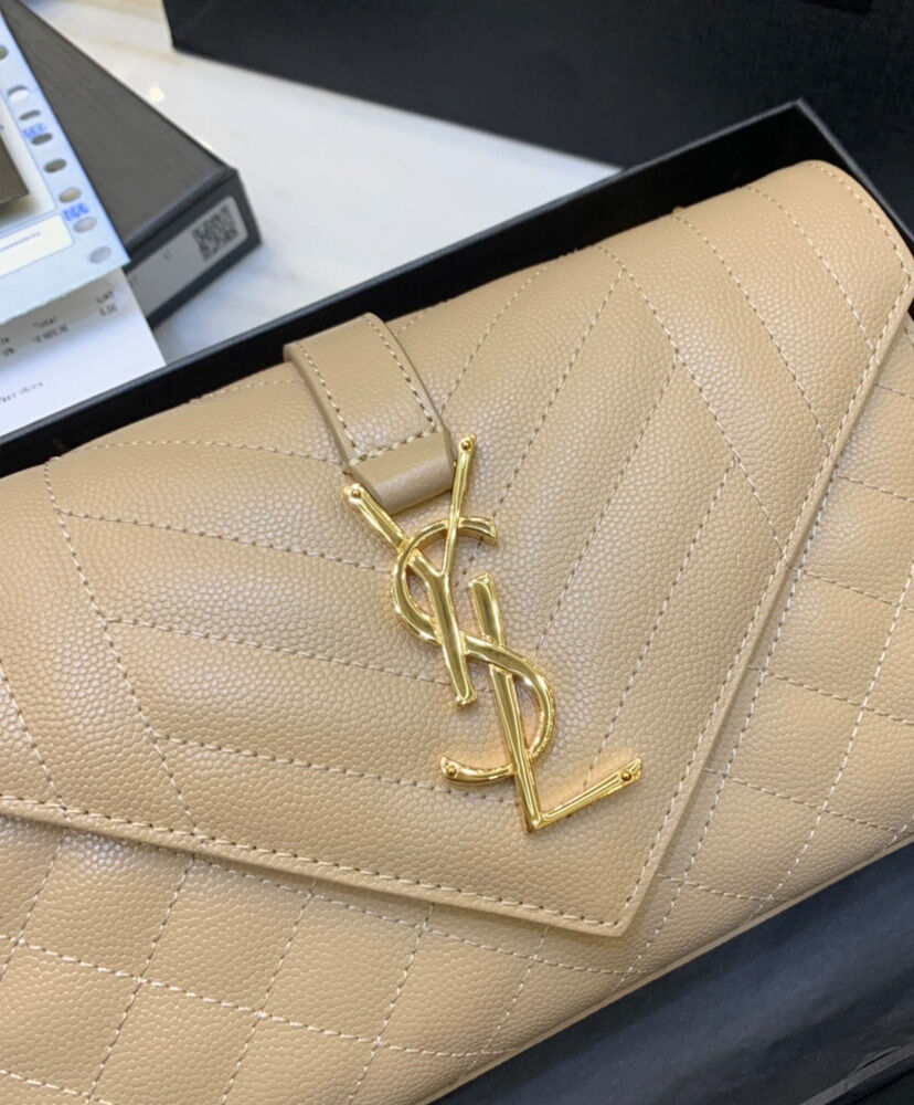 Saint Laurent Envelope Small Bag In Mix Quilted Grain De Poudre Embossed Leather Apricot