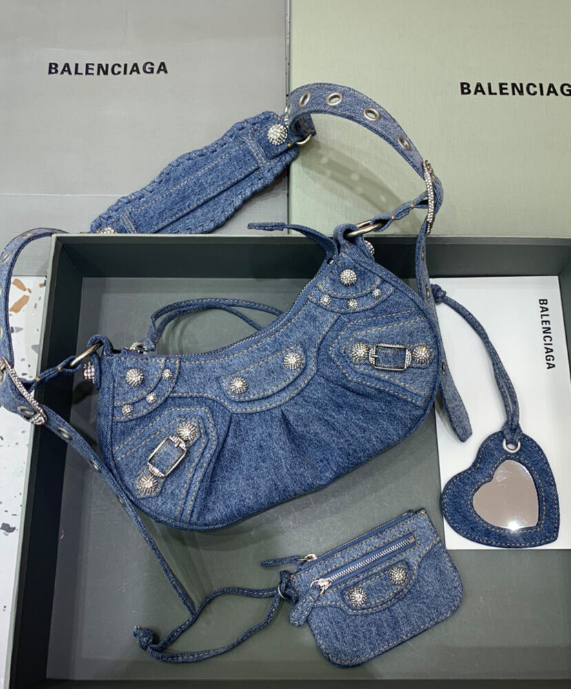 Balenciaga Le Cagole Shoulder Bag In Denim With Rhinestone Blue