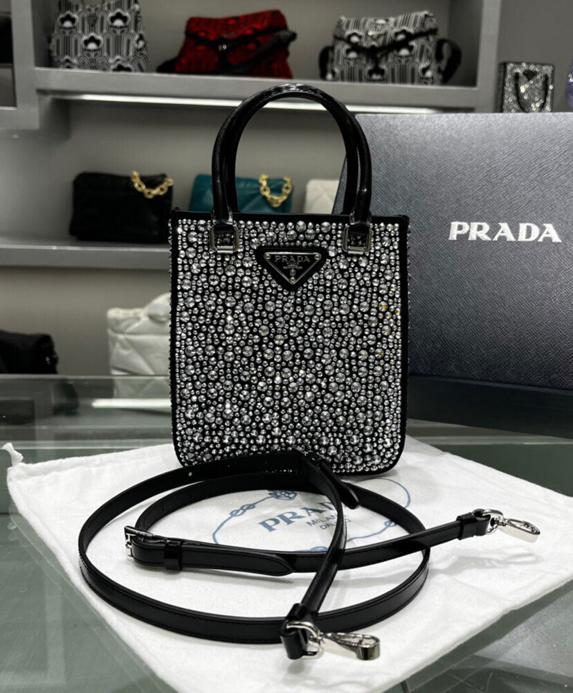 Prada Small crystal-studded satin tote bag 1BA331 Black