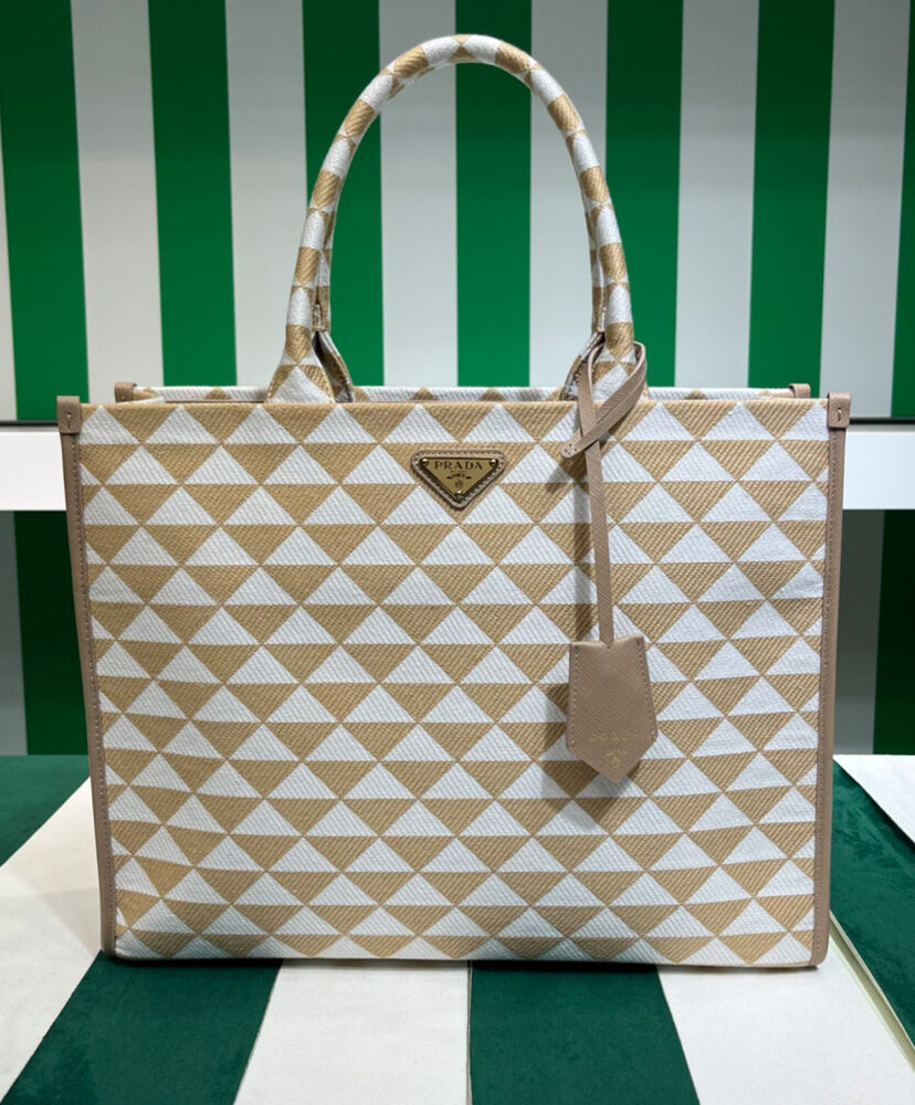 Prada Large Prada Symbole Embroidered Fabric Handbag 1BA356 Cream