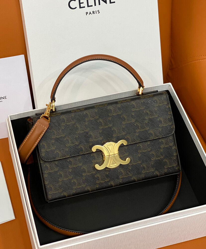 Celine Box Triomphe In Triomphe Canvas And Calfskin Coffee