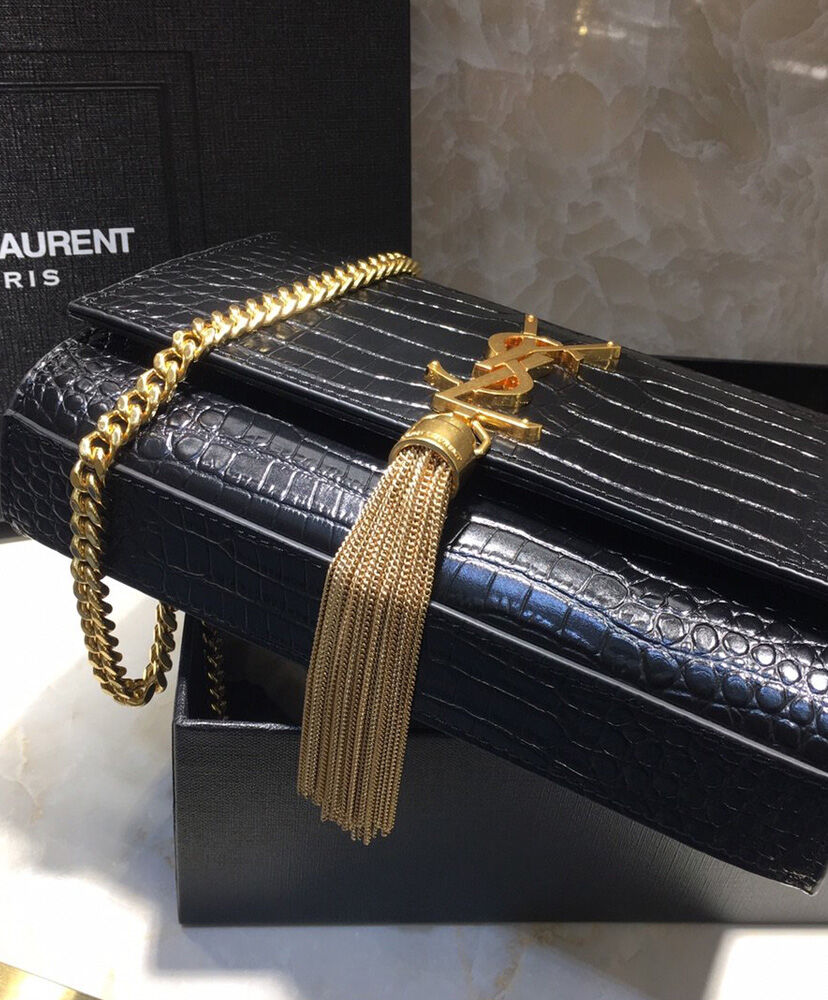 Saint Laurent Kate Small With Tassel In Embossed Crocodile Shiny Leather Black