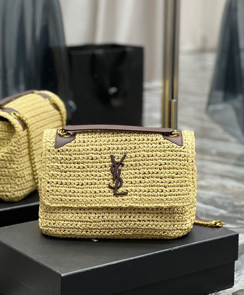 Saint Laurent Niki Medium Chain Bag In Raffia And Leather Apricot