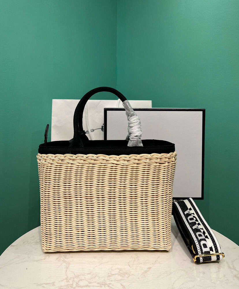 Prada Wicker And Canvas Tote 1BG835 Black