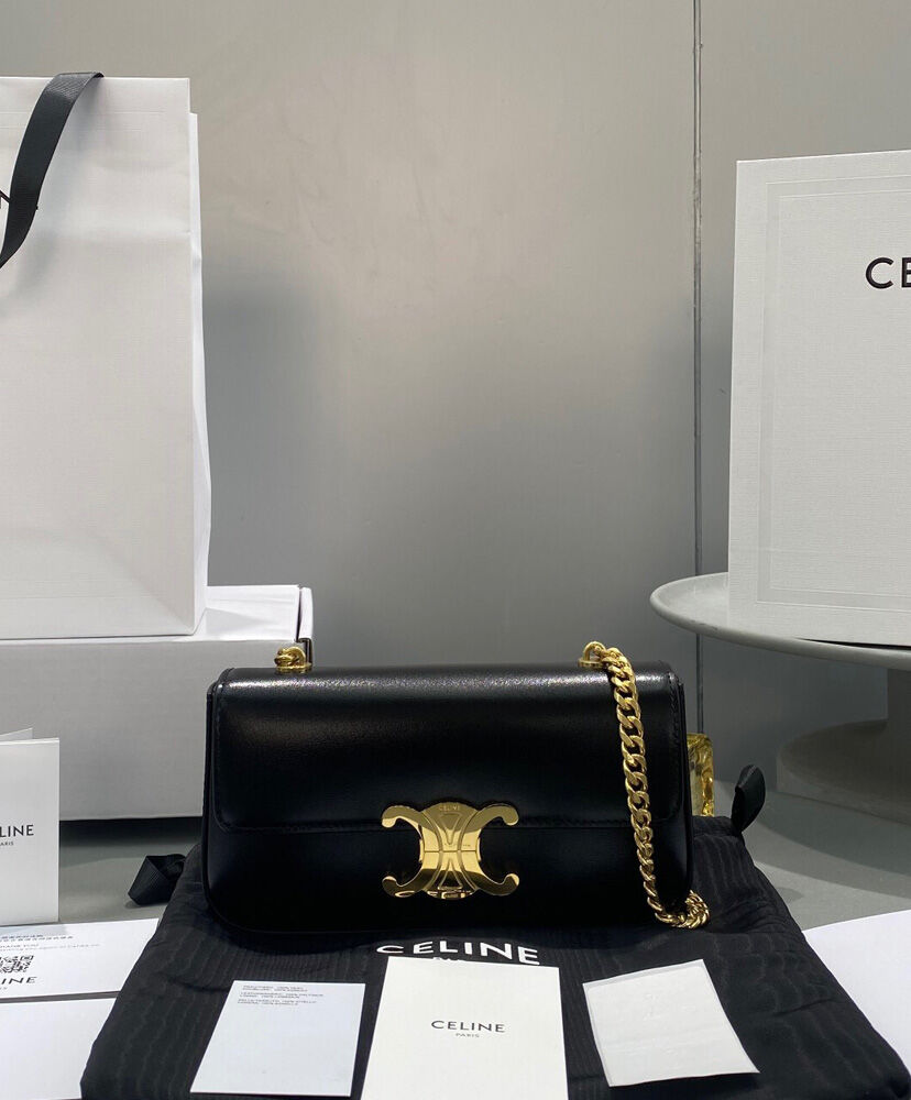 Celine Chain Shoulder Bag Triomphe In Shiny Calfskin Black