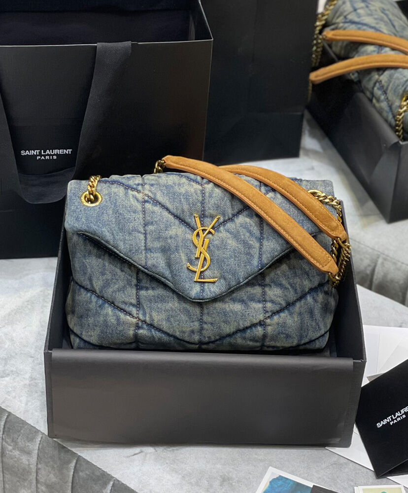 Saint Laurent Puffer Small Bag In Quilted Vintage Denim And Suede 577476 Blue