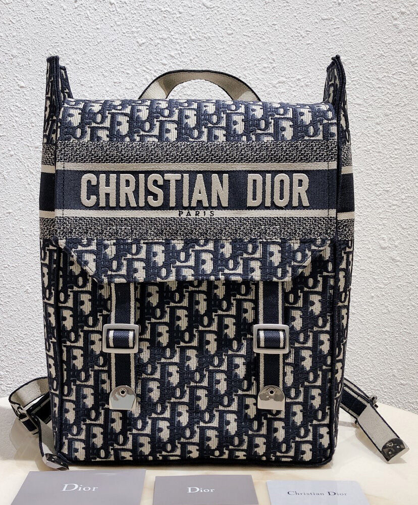 Christian Dior Backpack in blue Dior Oblique embroidered canvas Dark Blue