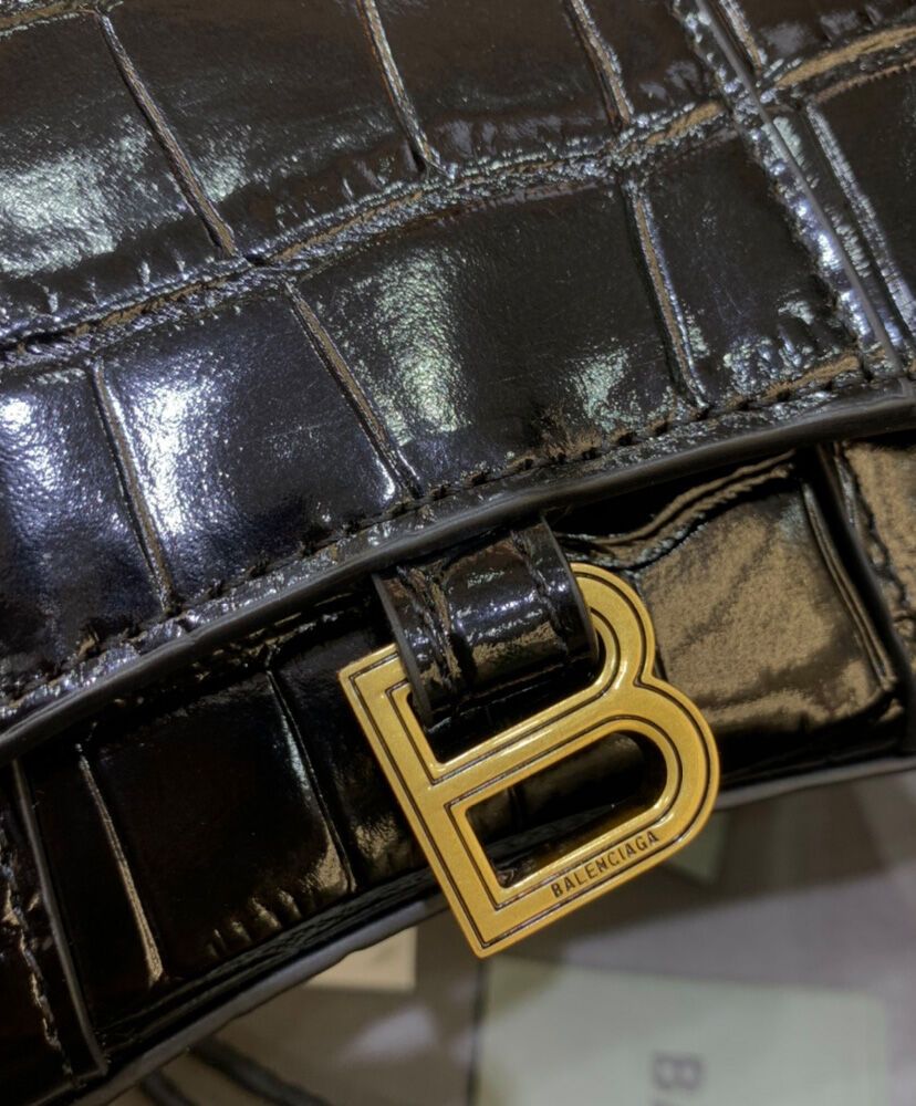 Balenciaga Hourglass Mini Handbag With Chain Crocodile Embossed Black