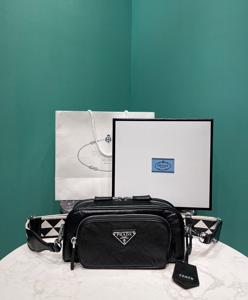 Prada Nappa Antique Leather Multi-pocket Shoulder Bag 1BH198 Black