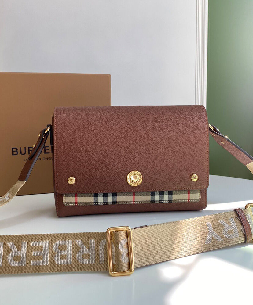 Burberry Leather and Vintage Check Note Crossbody Bag Coffee