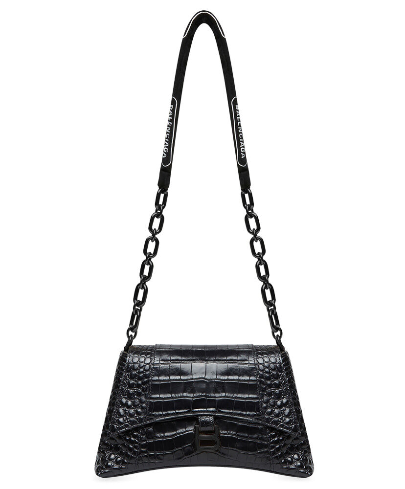 Balenciaga Downtown Small Shoulder Bag With Chain Crocodile Embossed Black