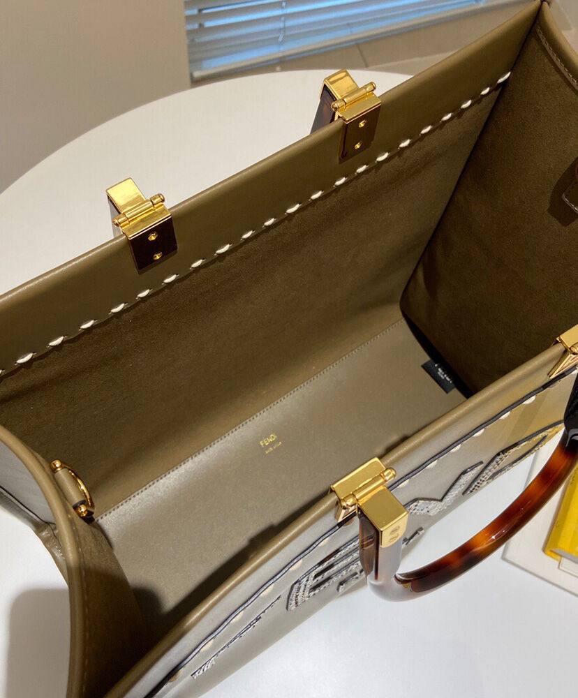 Fendi Sunshine Medium Leather And Elaphe Shopper 8BH386 Khaki