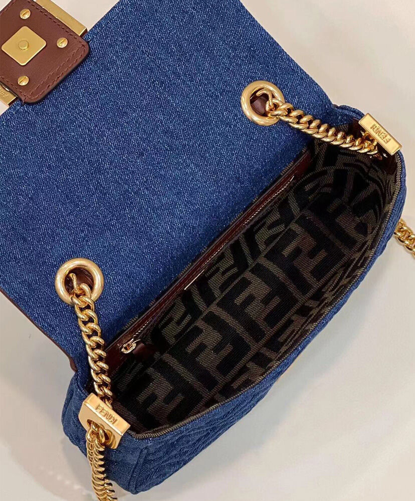 Fendi Baguette Chain Midi Denim Bag 8BR793 Blue