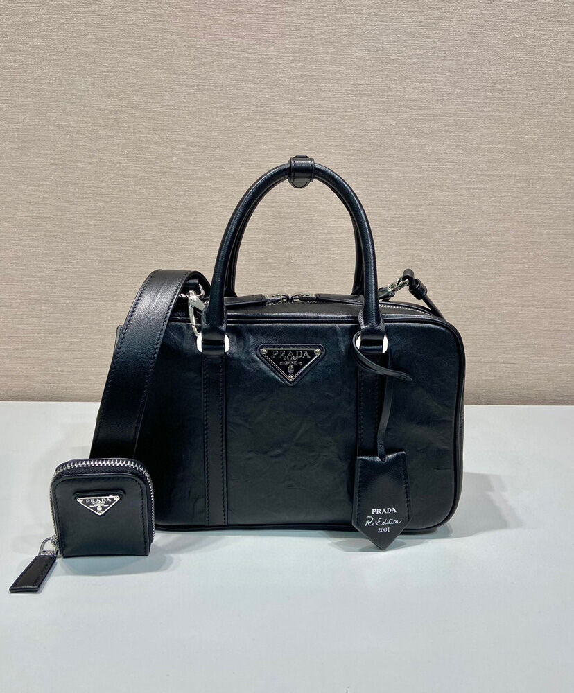 Prada Medium Antique Nappa Leather Top Handle Bag 1BB092 Black