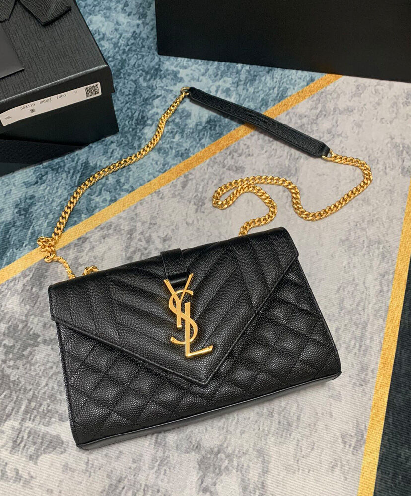 Saint Laurent Envelope Small Bag In Mix Quilted Grain De Poudre Embossed Leather Black
