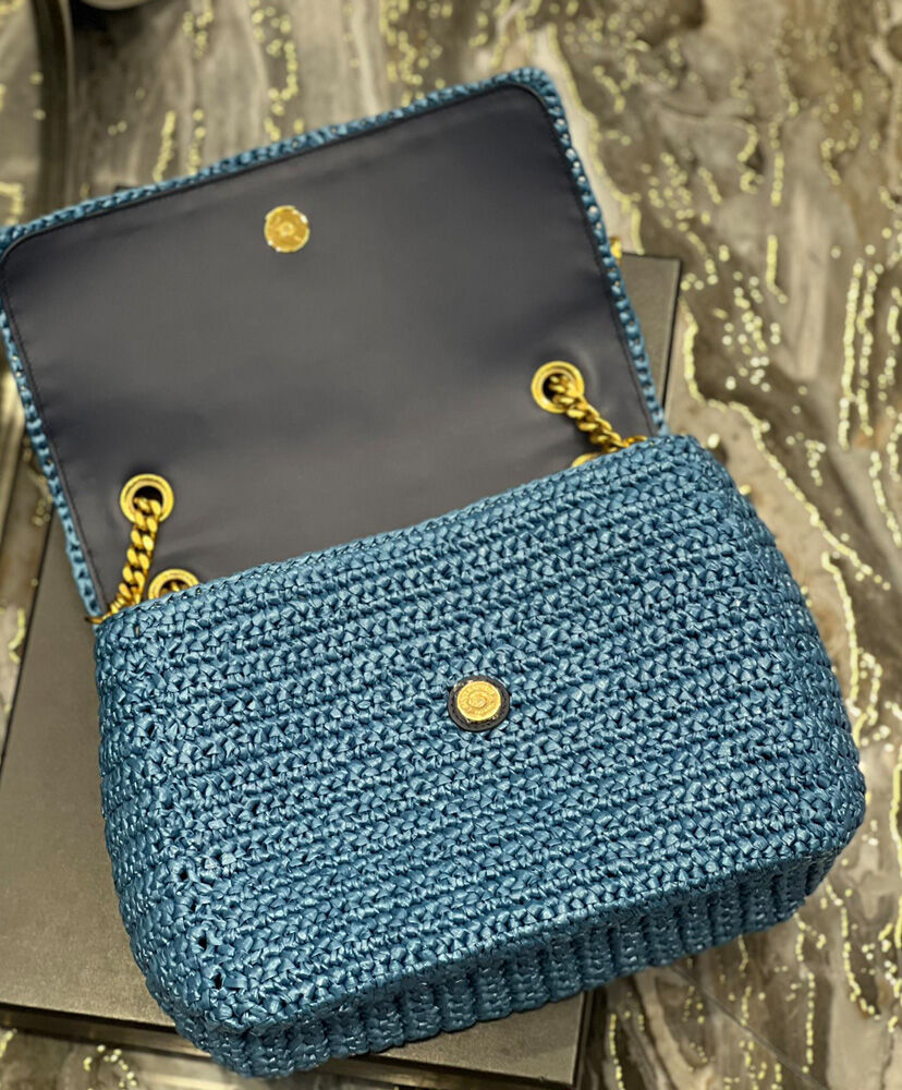 Saint Laurent Niki Medium Chain Bag In Raffia And Leather Blue
