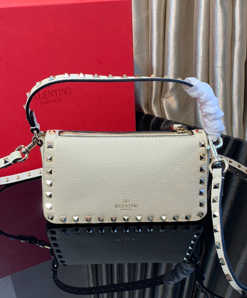 Valentino Small Rockstud Grainy Calfskin Crossbody Bag Cream