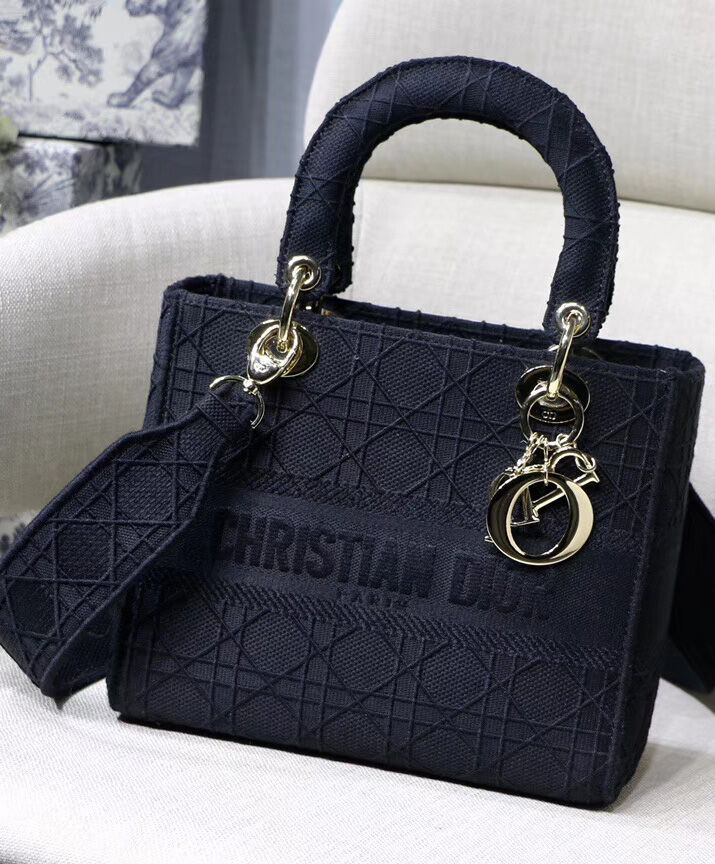 Christian Dior Medium Lady D-lite Embroidered Cannage Bag Black