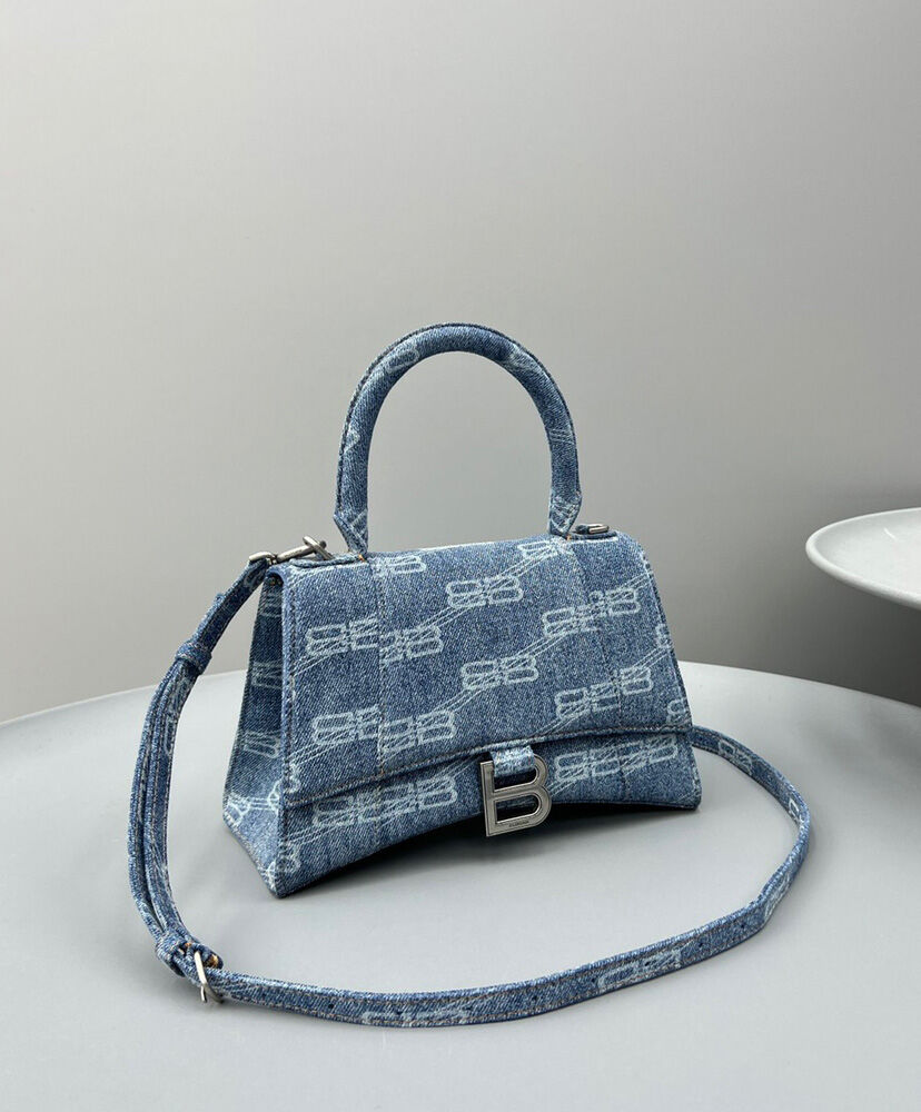 Balenciaga BB Monogram Hourglass Small Bleached Denim Tote Blue