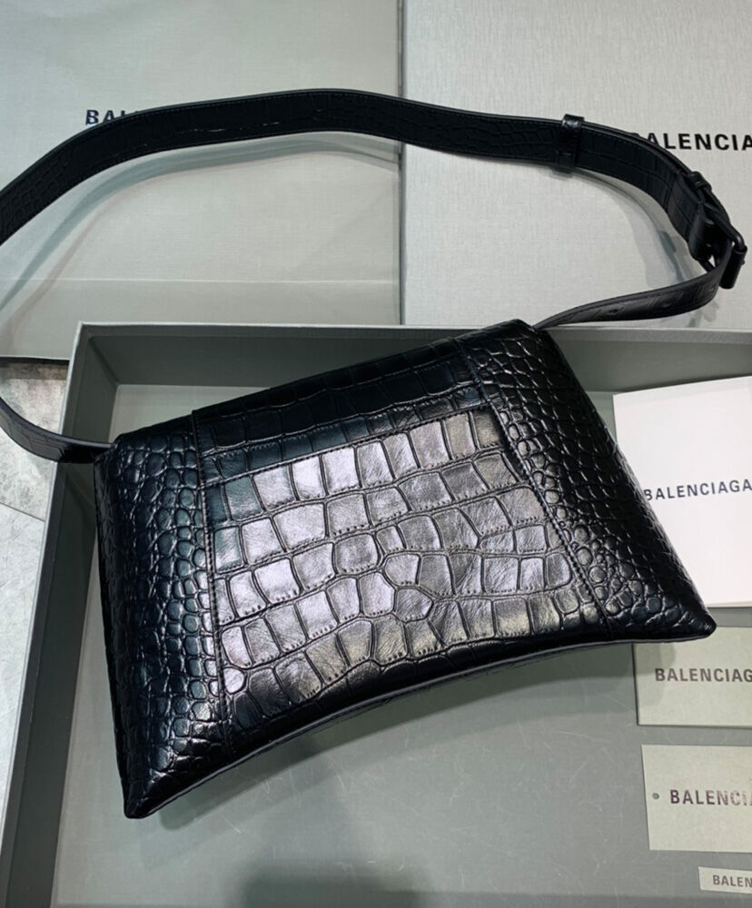 Balenciaga Downtown Small Shoulder Bag With Chain Crocodile Embossed Black