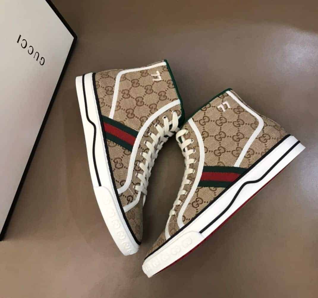 GUCCI TENNIS 1977 HIGH-TOP SNEAKERS IN BEIGE AND EBONY GG CANVAS   GC100