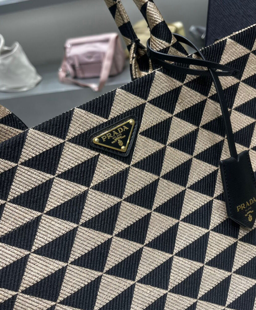 Prada Large Symbole Jacquard Fabric Handbag Black