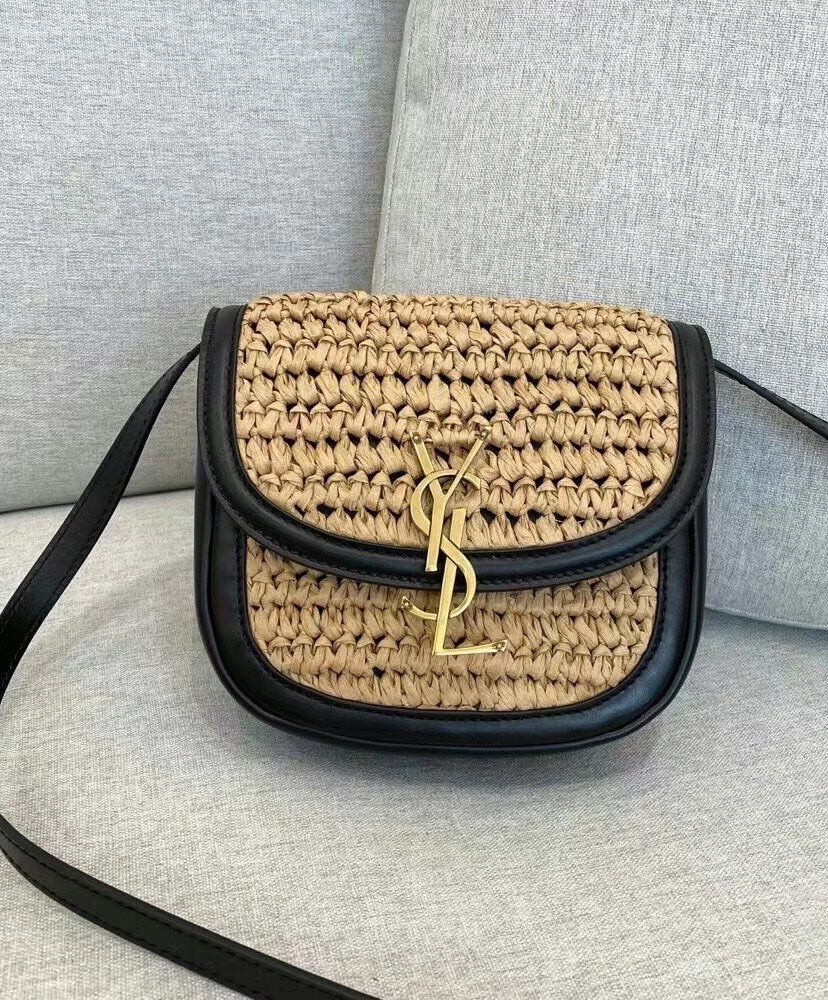 Saint Laurent Kaia Small Satchel In Raffia And Leather 6197401 Apricot