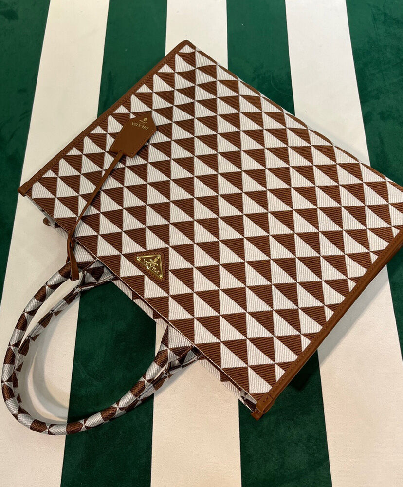 Prada Large Prada Symbole Jacquard Fabric Handbag Coffee