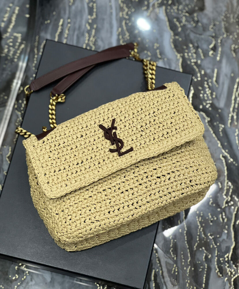 Saint Laurent Niki Medium Chain Bag In Raffia And Leather Apricot