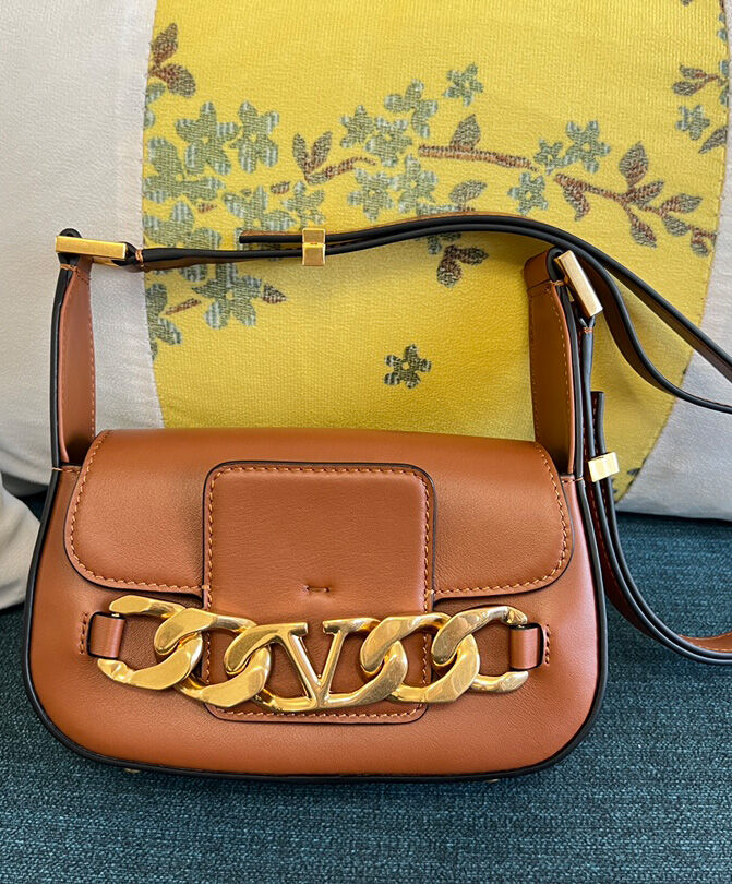 Valentino Vlogo Chain Small Laminated Nappa Shoulder Bag Coffee